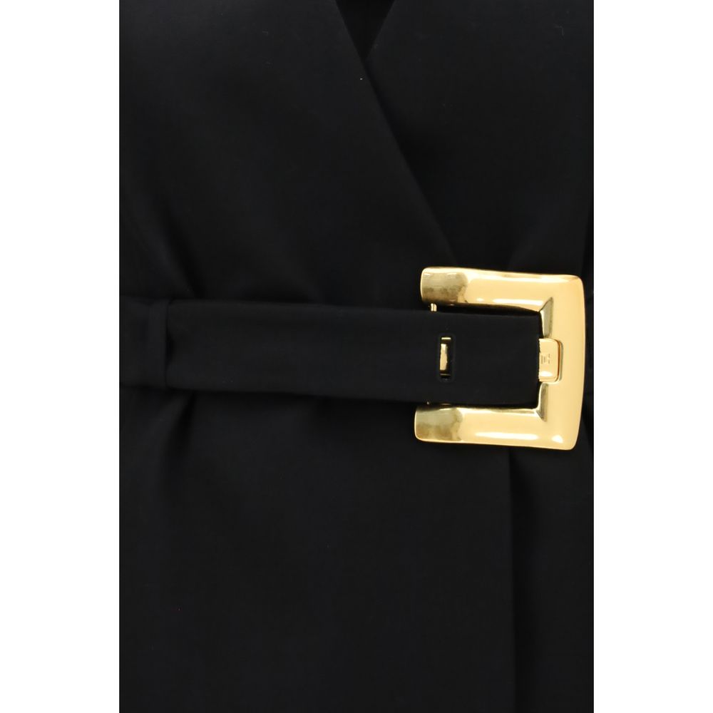 Balmain Merino Wool Grain de Poudre Belted Long Blazer &amp; Coat - Black