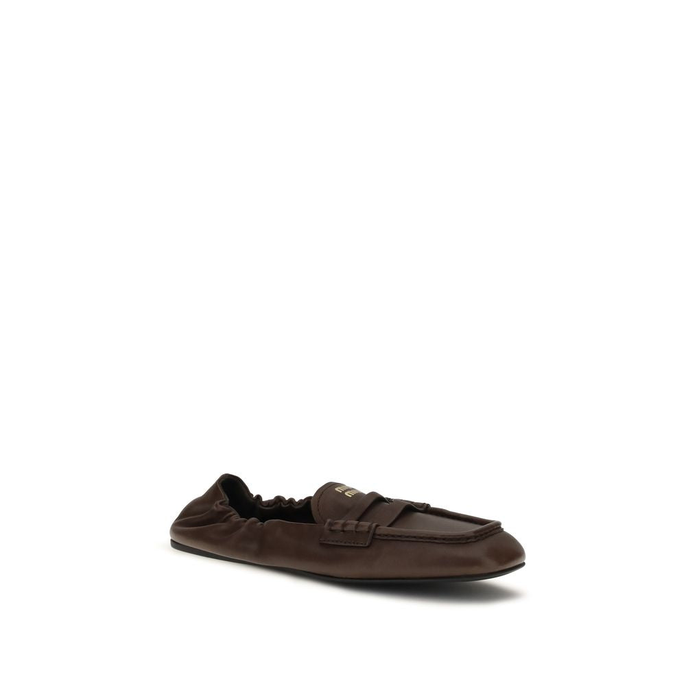 Miu Miu Ruches Leather Slip-On Loafers - Brown