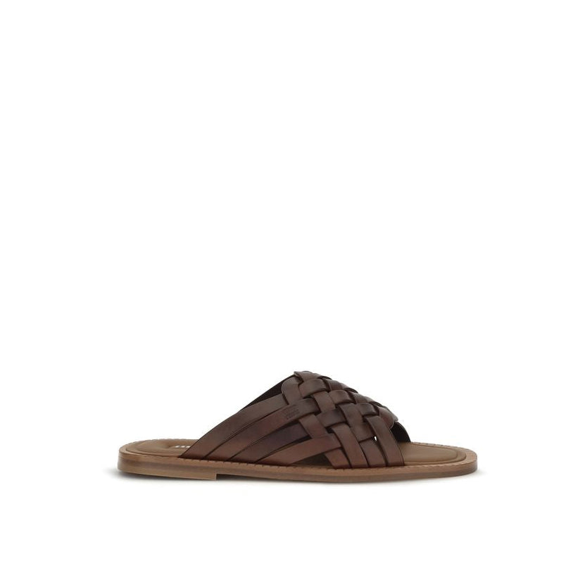 Miu Miu Woven Leather Flat Sandals - Dark Brown
