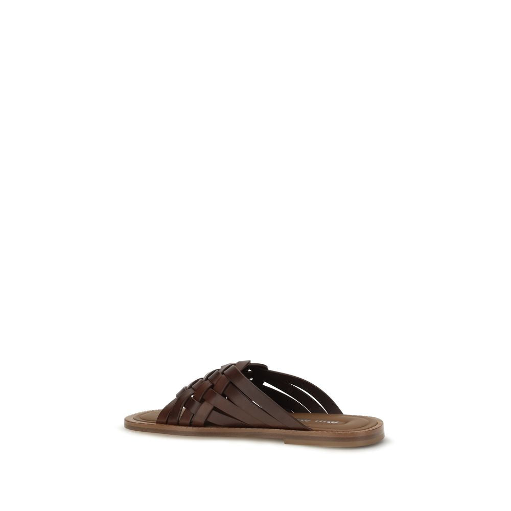 Miu Miu Woven Leather Flat Sandals - Dark Brown