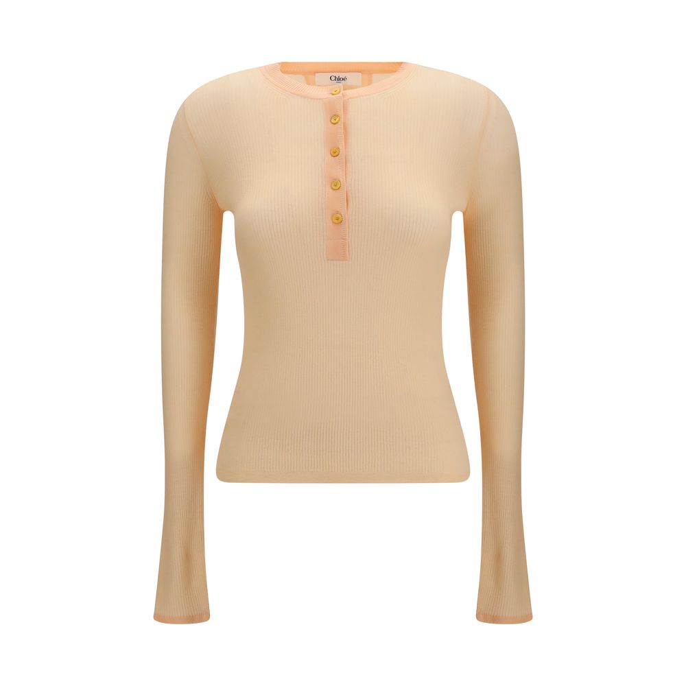 Chloé Wool Ribbed Half-Placket Sweater - Peachy Orange
