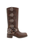 Miu Miu Distressed Buckle-Up Mid-Calf Leather Boots - Dark Brown