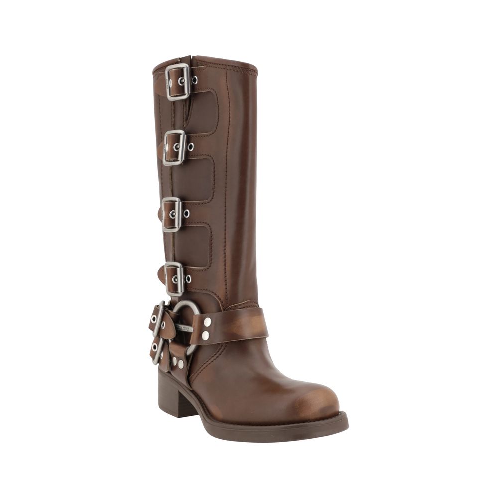 Miu Miu Distressed Buckle-Up Mid-Calf Leather Boots - Dark Brown