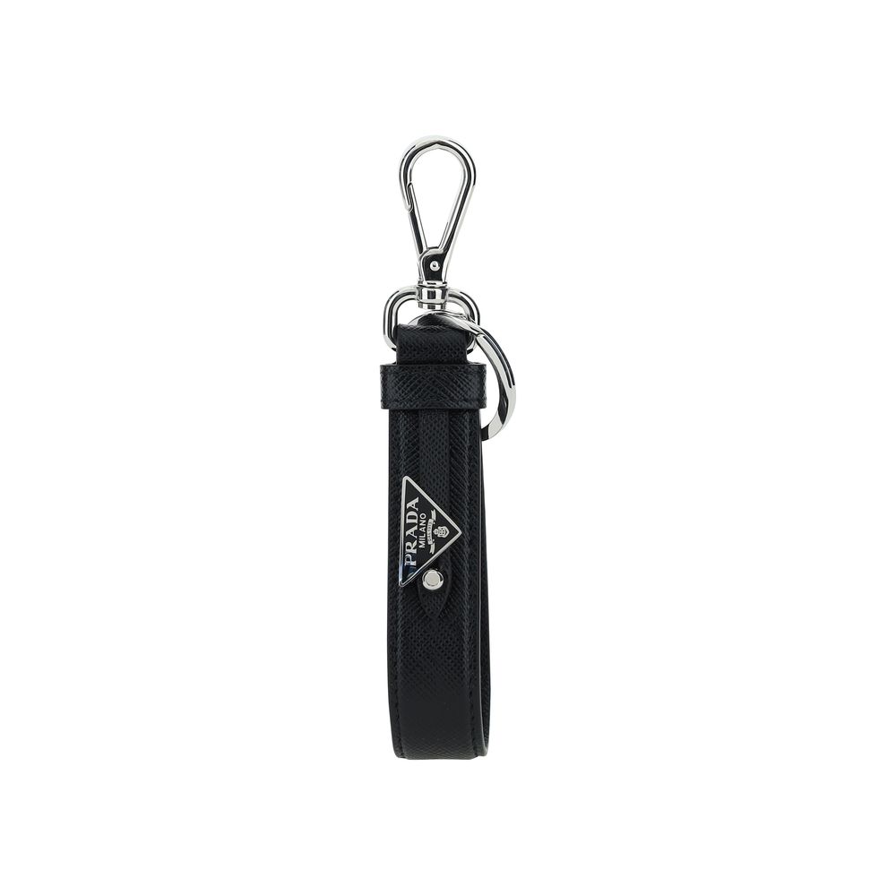 Prada Leather Triangle Logo Keyring - Black
