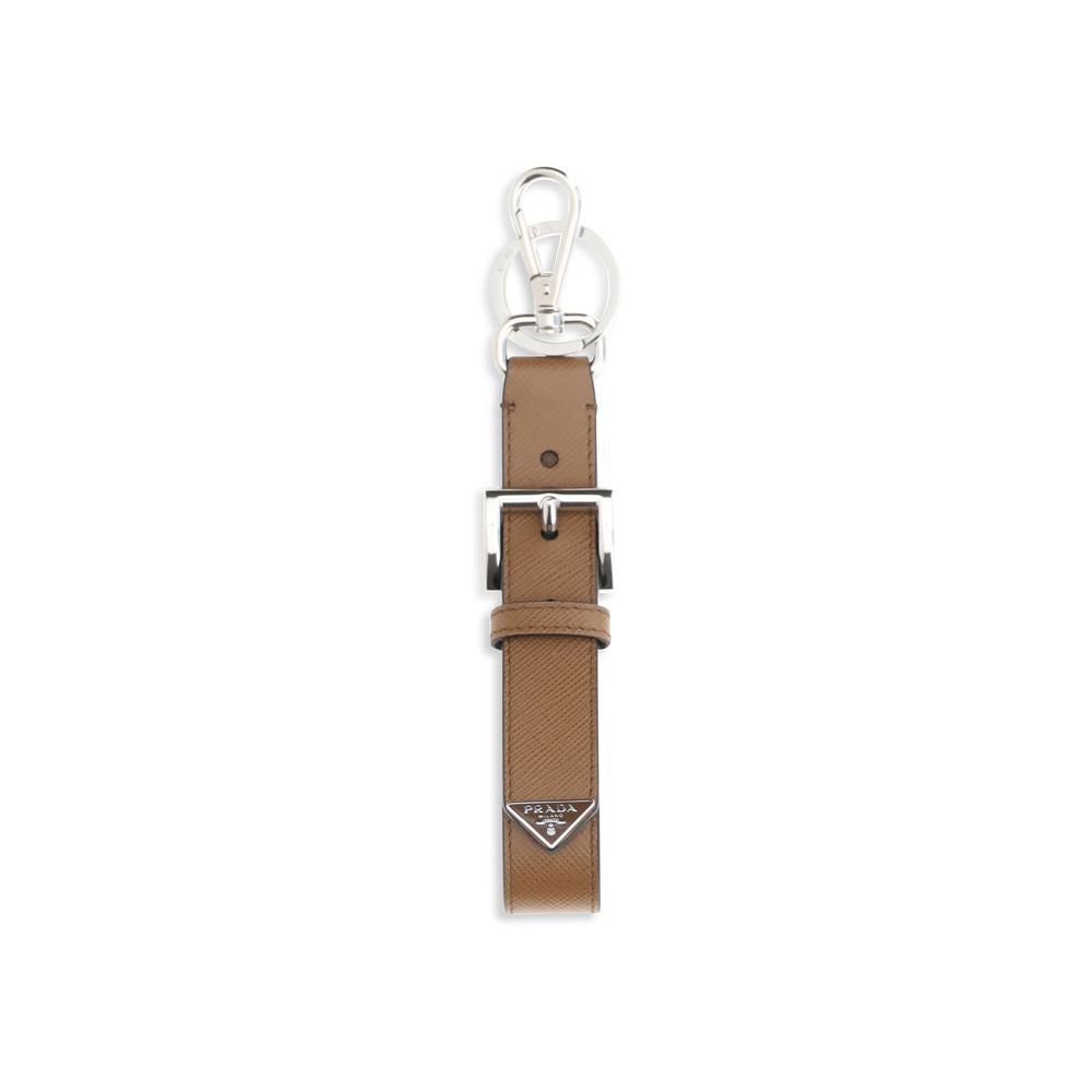 Prada Leather Saffiano Triangle Keyring - Tan Brown