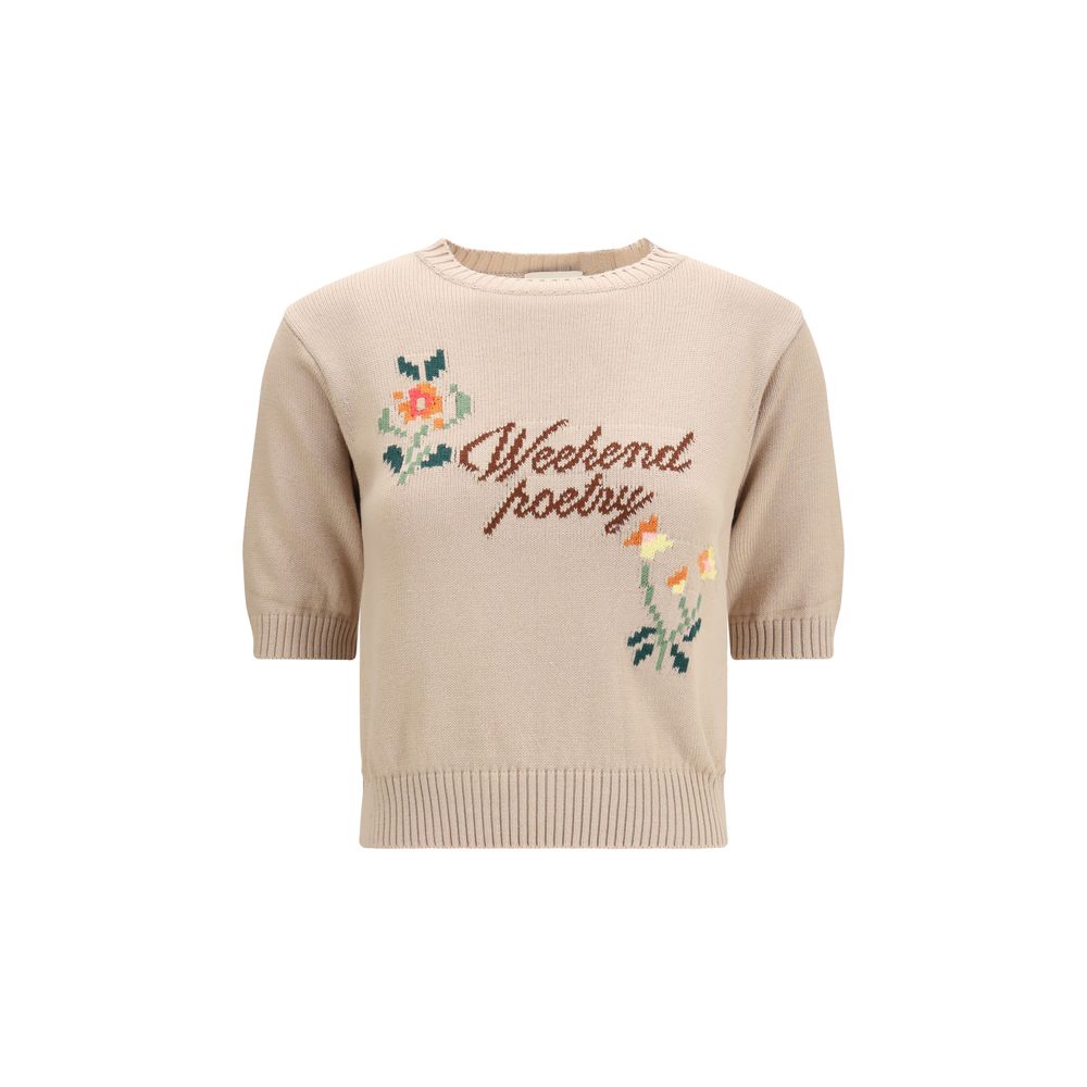 Max Mara Embroidered Short Sleeve Cotton Knit Top - Beige