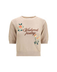 Max Mara Embroidered Short Sleeve Cotton Knit Top - Beige
