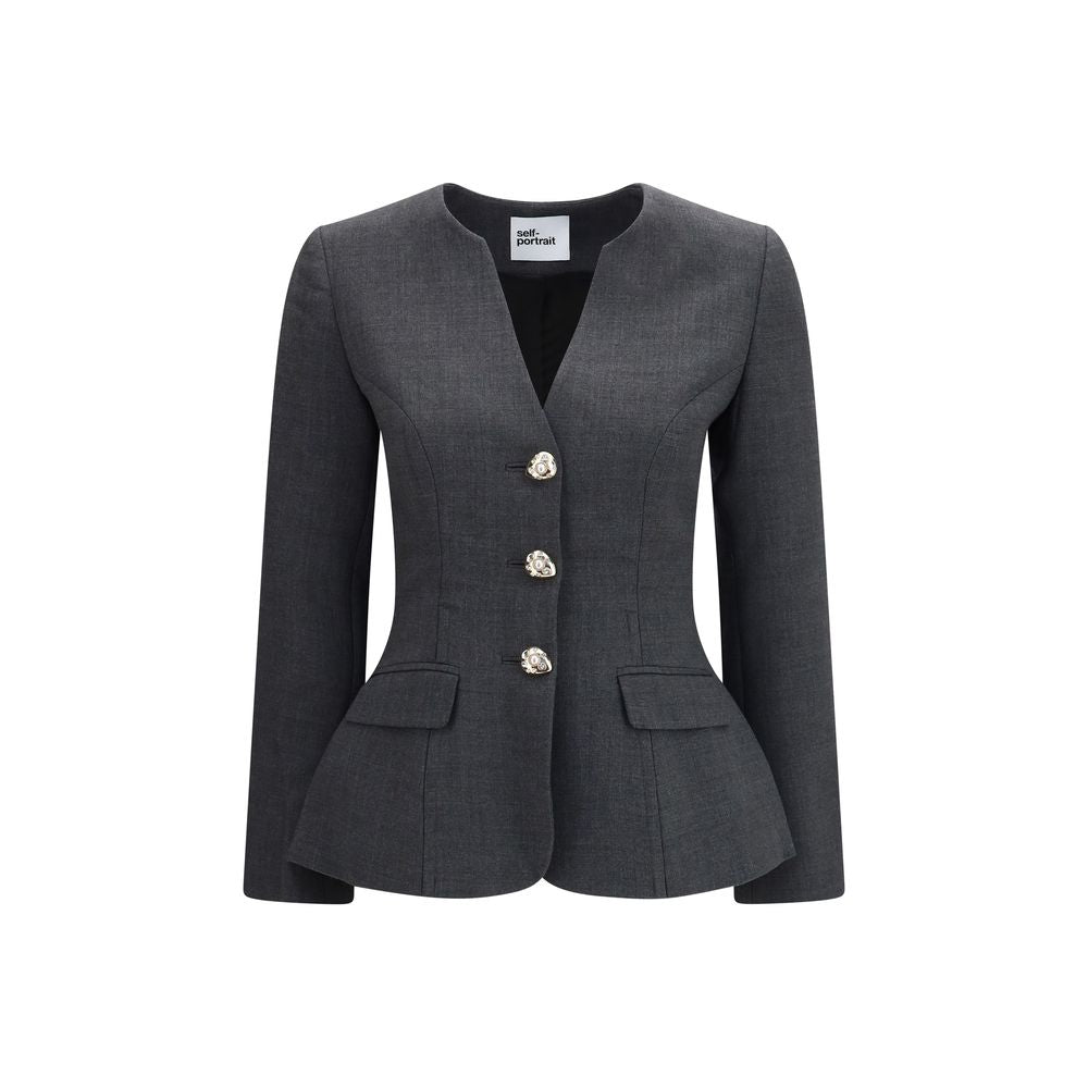 Self-Portrait Pearl Button Collarless Wool Blazer Jacket - Gray/Grey