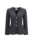 Self-Portrait Pearl Button Collarless Wool Blazer Jacket - Gray/Grey