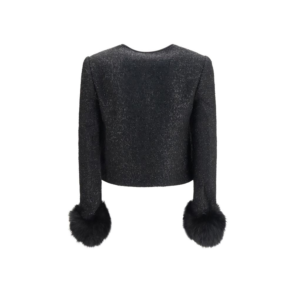 Self-Portrait Bouclé Faux Fur Trim Coat Jacket - Black