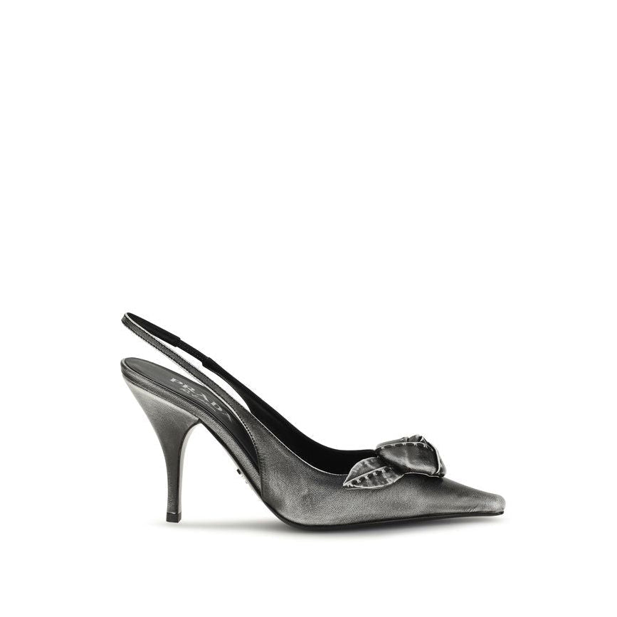 Prada Floral Appliqué Slingback High Heels - Metallic Gray/Grey