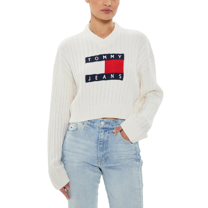 Tommy Hilfiger Logo V-Neck Loose-Fit Cropped Sweater - white, cream