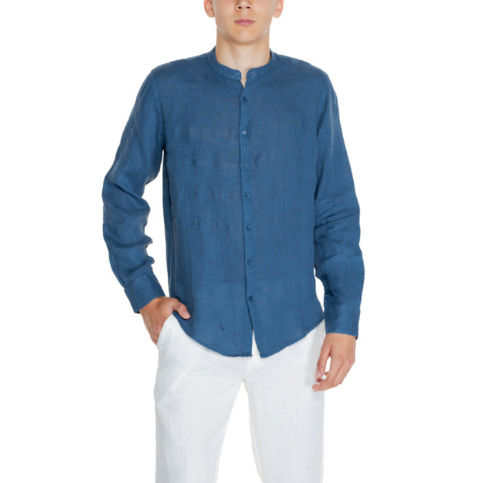 Borghese Minimalist 100% Linen Collarless Shirt - blue