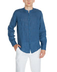 Borghese Minimalist 100% Linen Collarless Shirt - blue