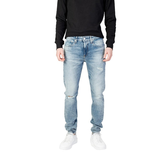 Calvin Klein Jeans Logo Distressed &amp; Bleached Straight Leg Jeans