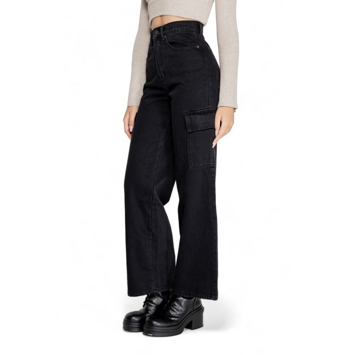 Only Logo High Waist Wide Leg Fit Baggy Black Denim Cargo Jeans