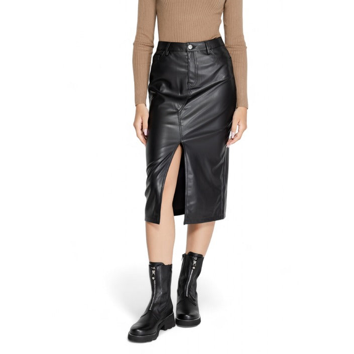 Only Black Midi Skirt Front Slit Leather-Look