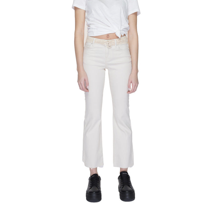 Vero Moda Logo Embellished Waist Raw Hem Straight Leg Chinos Beige