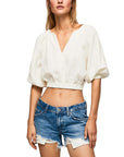 Pepe Jeans Balloon Sleeves Midriff Crop Top - Multiple Colors