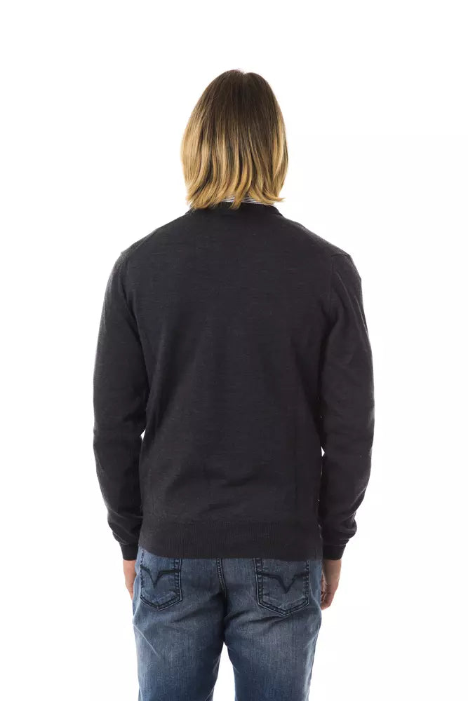 Uominitaliani Merino Wool V-Neck Sweater - Gray/Grey (Red Logo)