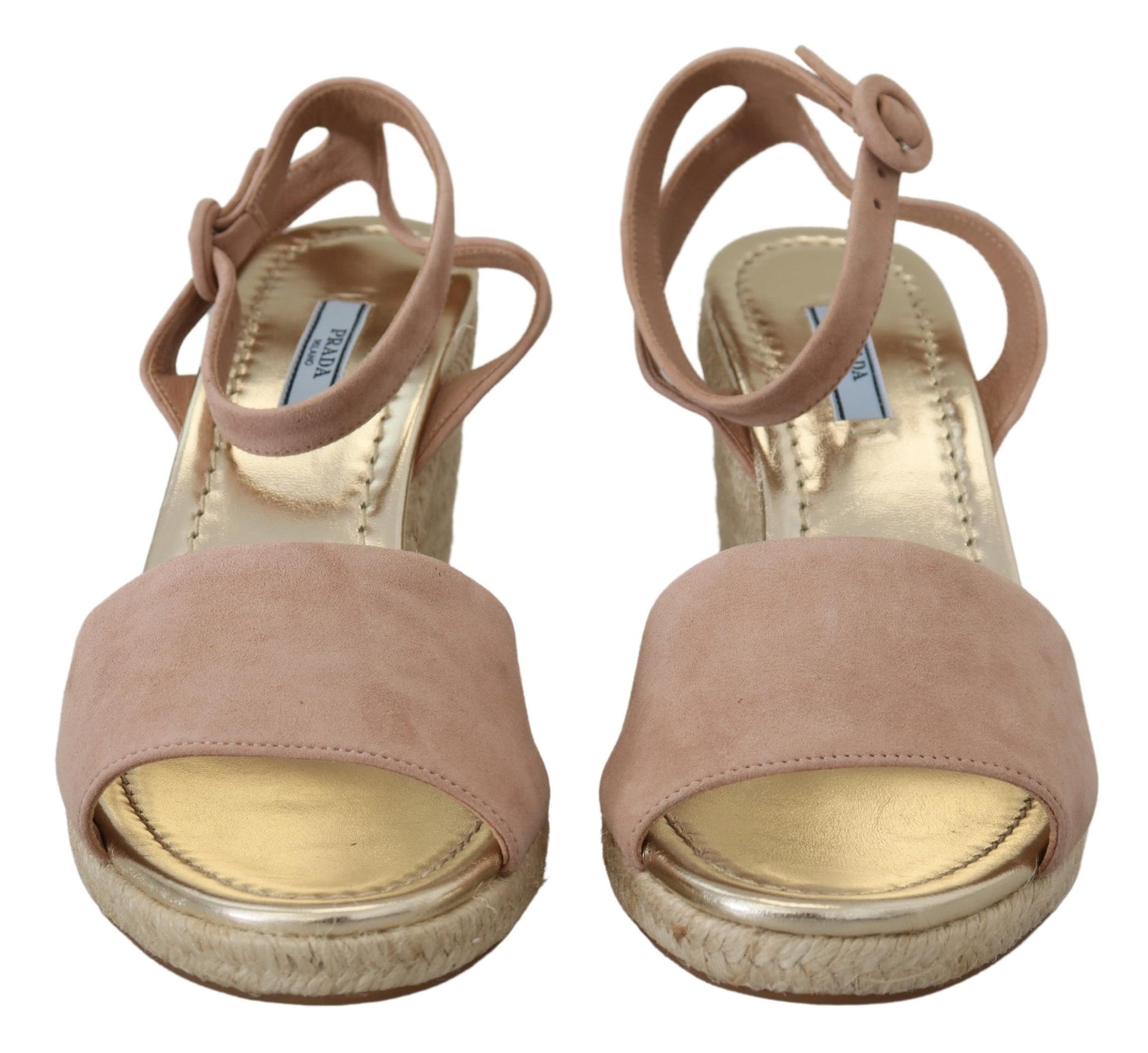 Prada Suede Leather Ankle Strap Espadrille Wedge Sandals - Powder Pink