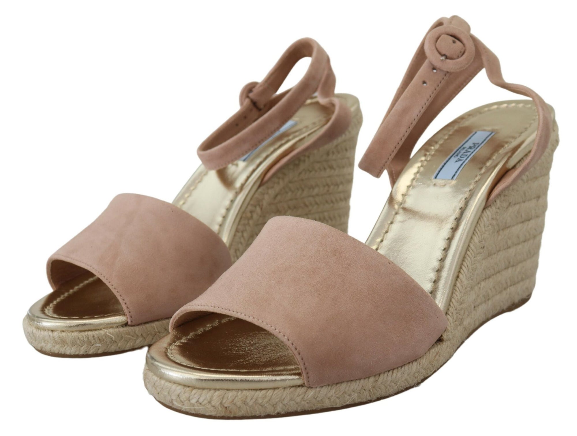 Prada Suede Leather Ankle Strap Espadrille Wedge Sandals - Powder Pink