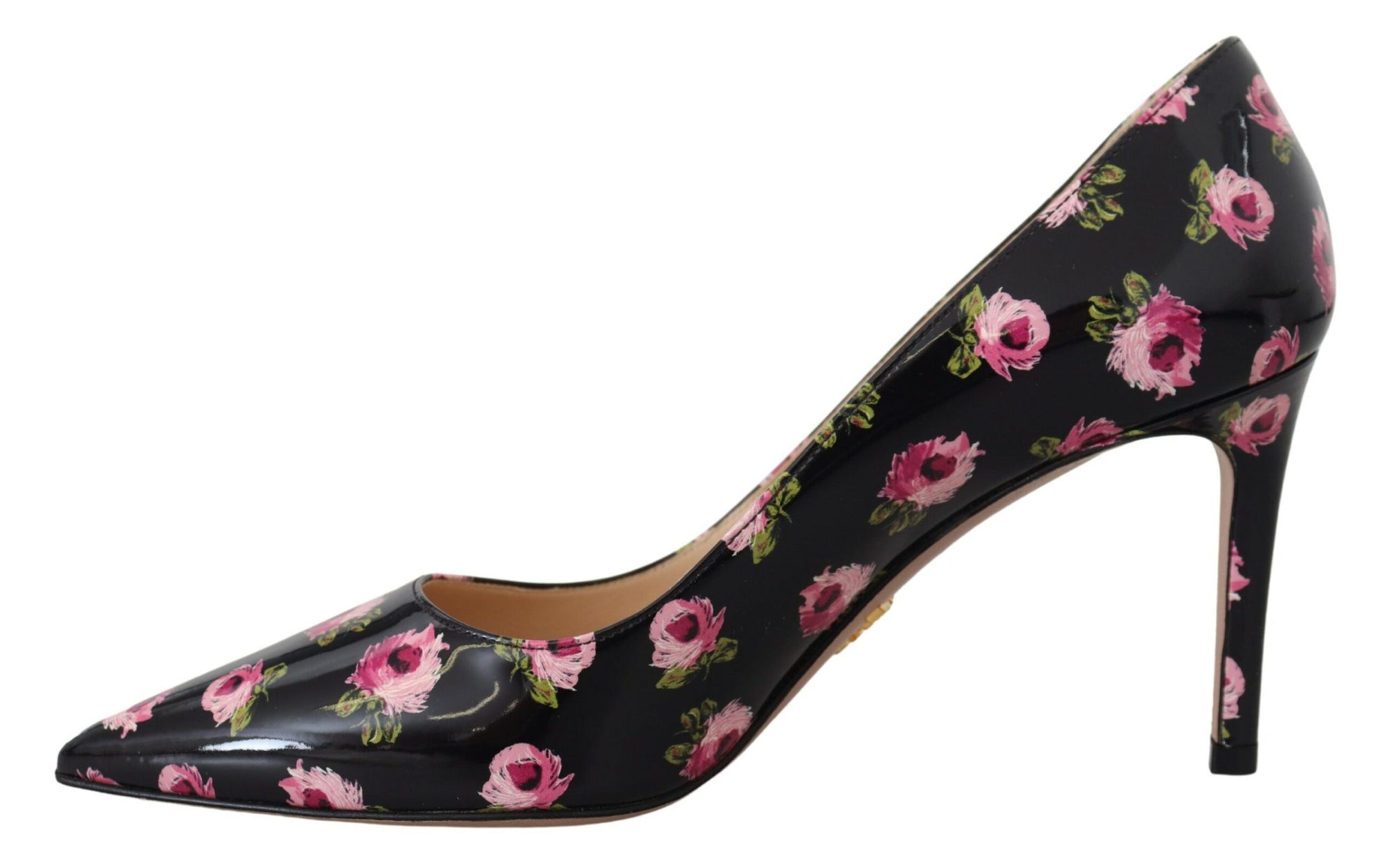Prada Black Leather Floral Print Stiletto Heel Pumps