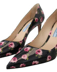 Prada Black Leather Floral Print Stiletto Heel Pumps