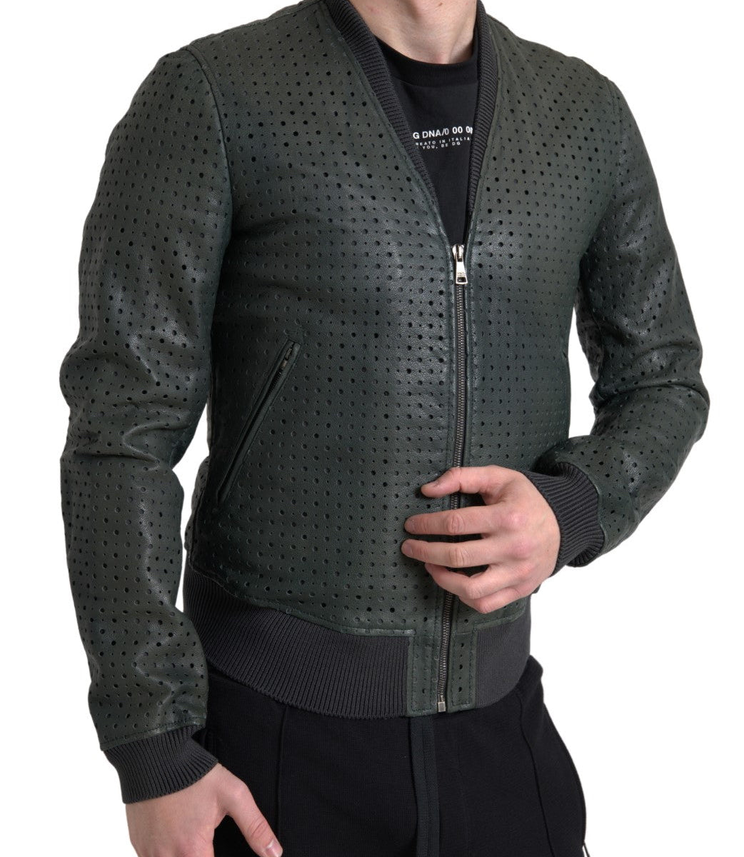 Dolce &amp; Gabbana Perforated Leather Bomber Jacket - Musk Green