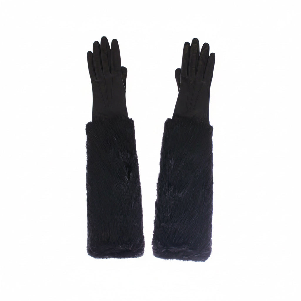 Dolce & Gabbana Leather & Fur Long Gloves - Black - Medium