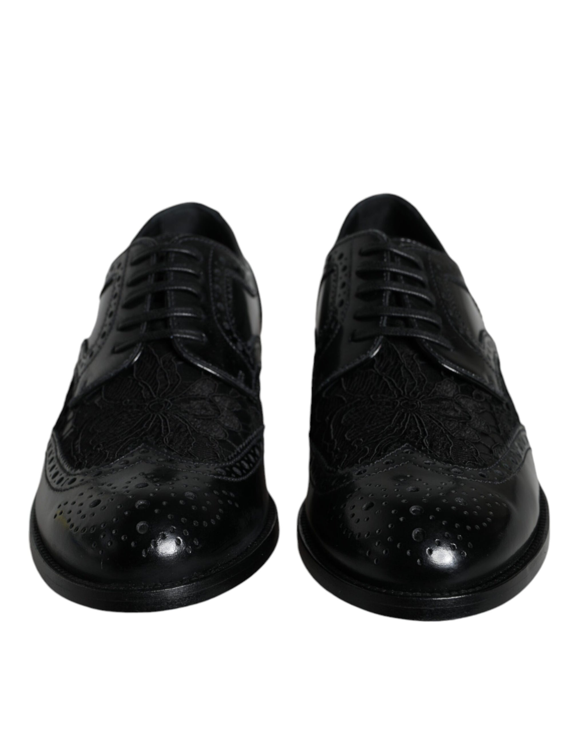 Dolce & Gabbana Black Leather Floral Lace Derby Shoes