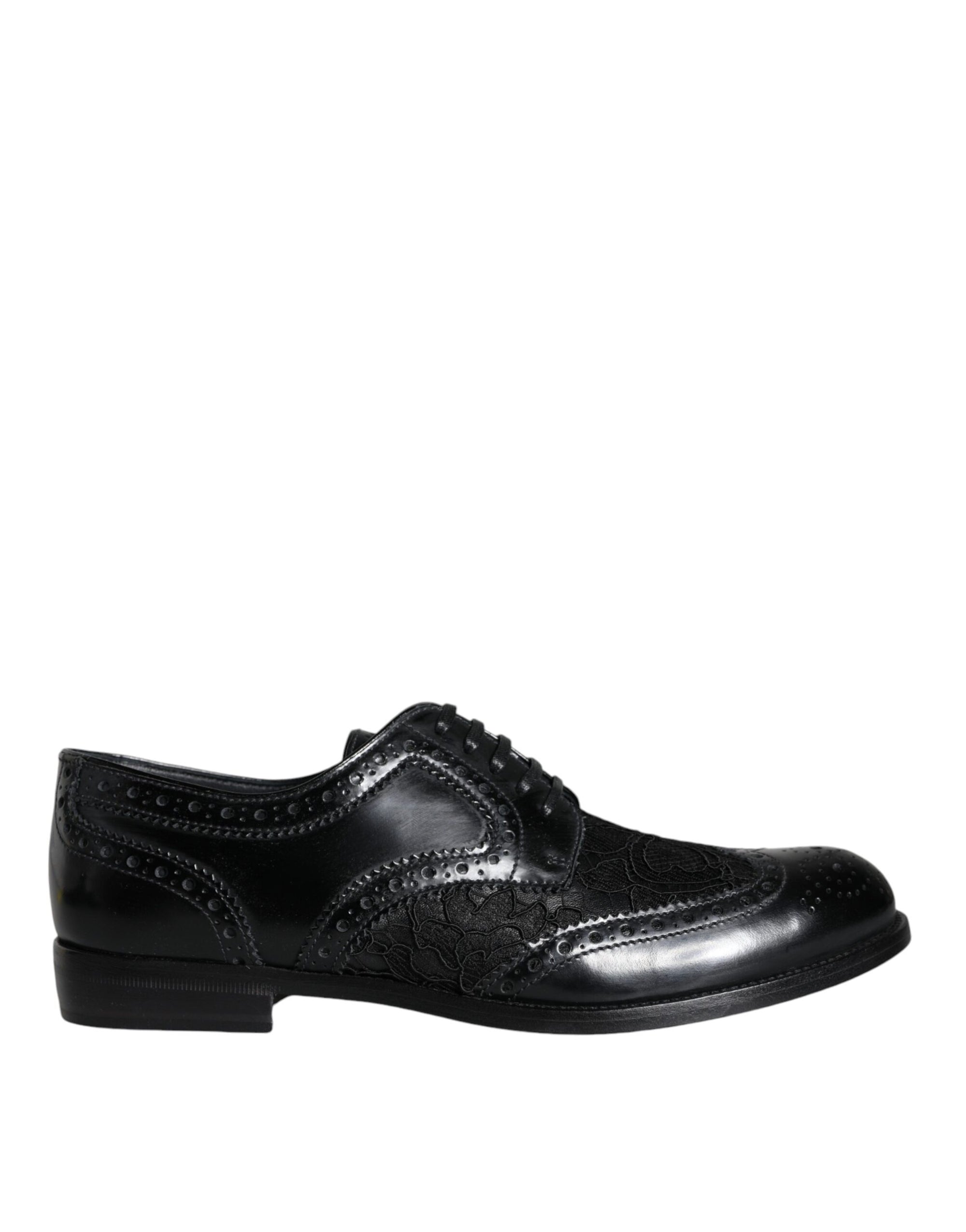 Dolce & Gabbana Black Leather Floral Lace Derby Shoes