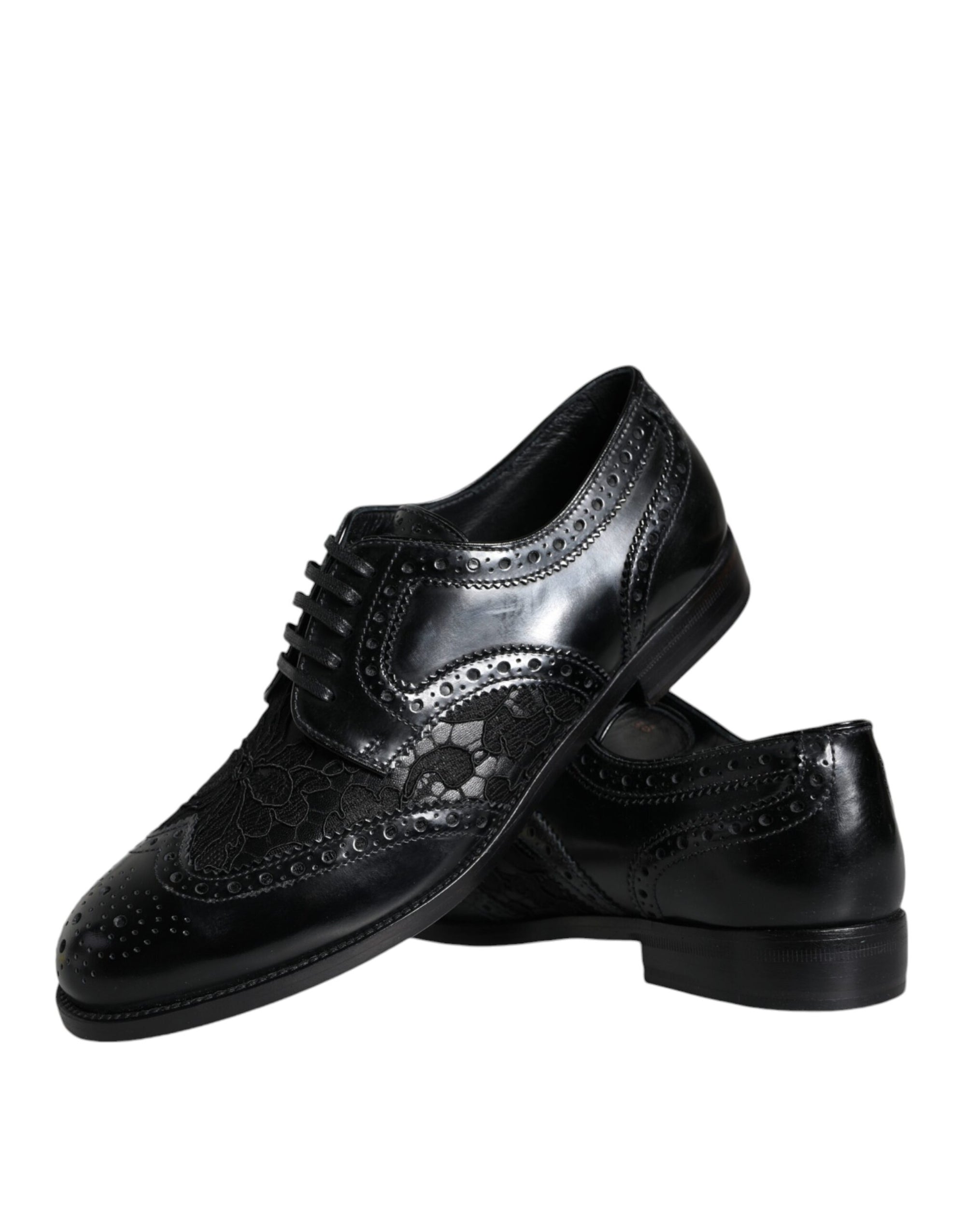 Dolce &amp; Gabbana Black Leather Floral Lace Derby Shoes