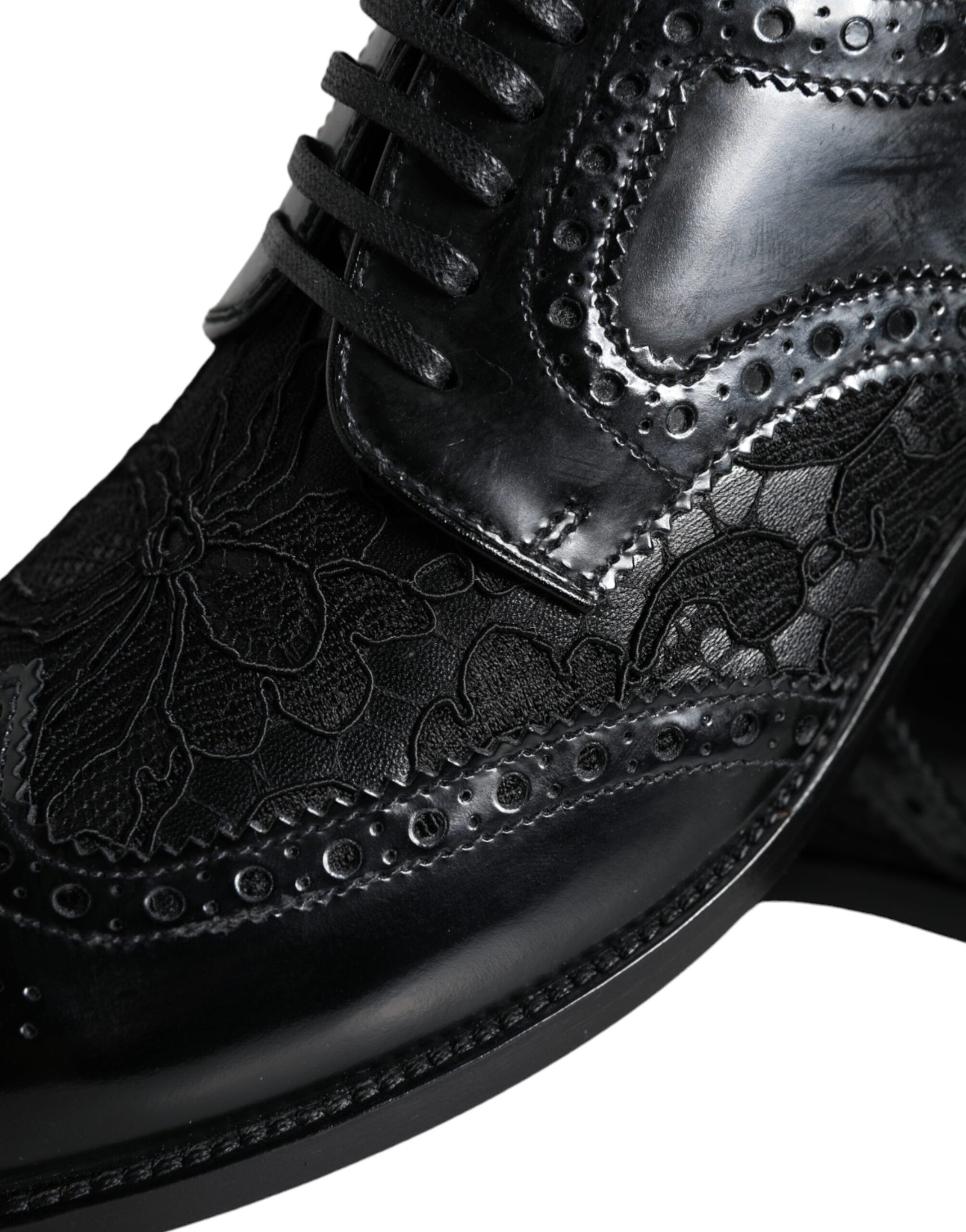 Dolce &amp; Gabbana Black Leather Floral Lace Derby Shoes