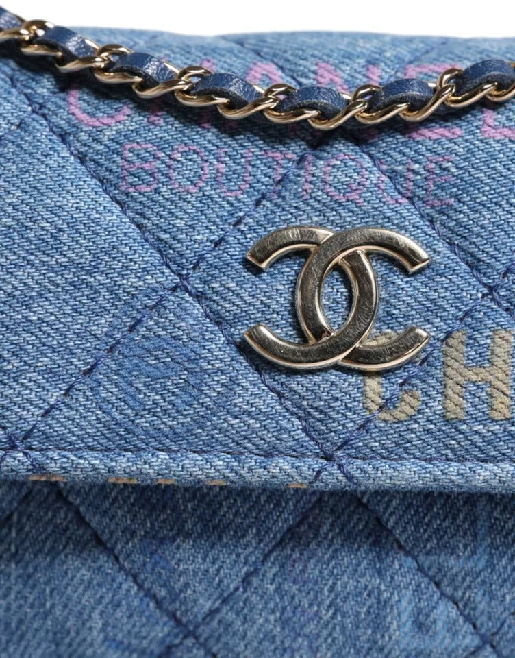 Chanel Logo Print Blue Denim Quilted Handbag