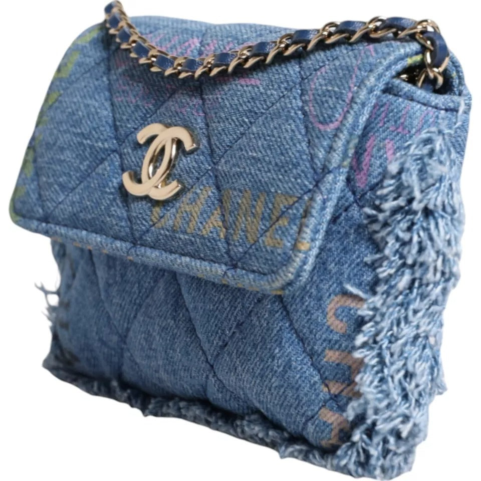 Chanel Logo Print Blue Denim Quilted Handbag