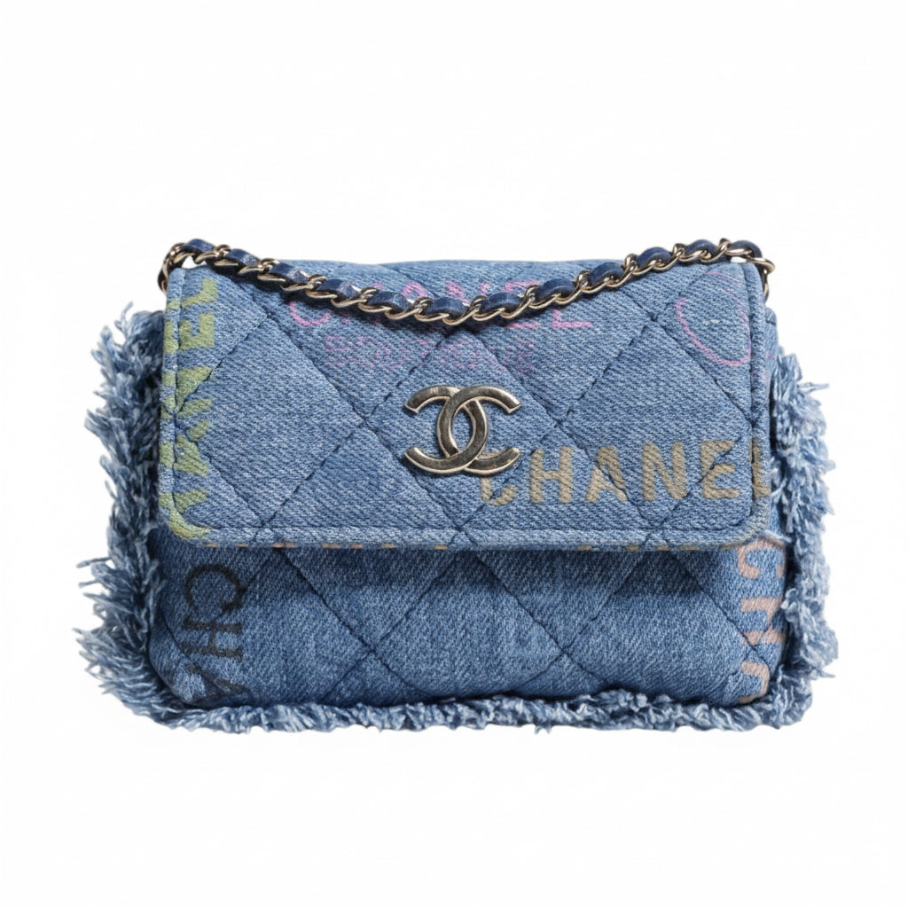 Chanel Logo Print Blue Denim Quilted Handbag