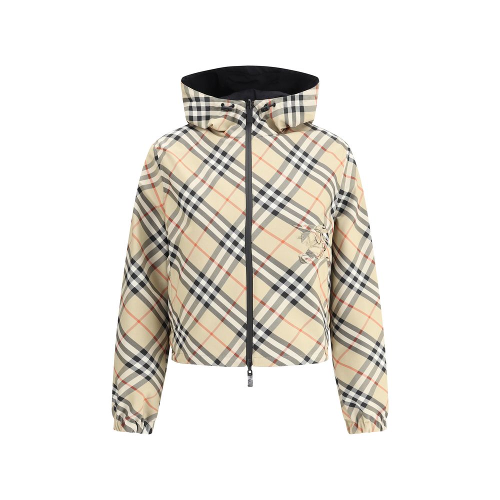 reversible checked zip up cropped hooded jacket