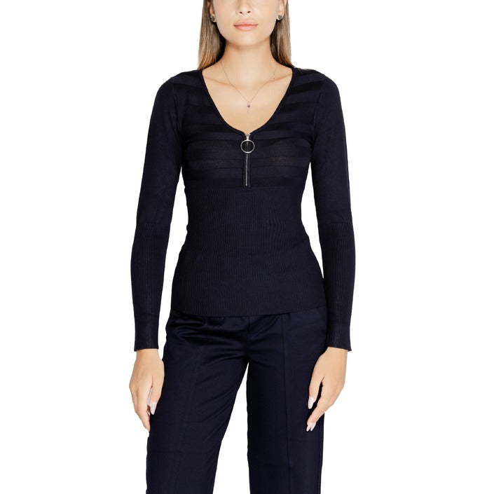 Morgan De Toi V-Neck Chest Zip Up Detail Black Long Sleeve Top