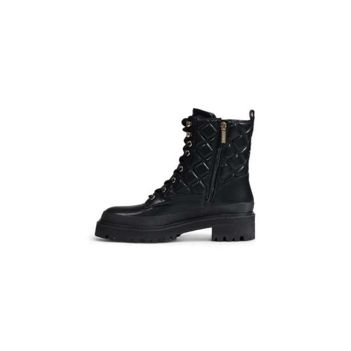 Guess Logo All Black Quilted Vegan Leather Lace-Up Boots