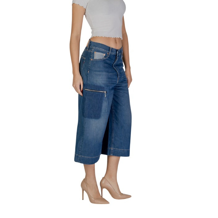 Replay Logo Medium Blue Wide Leg Baggy Pocket Cropped Jeans