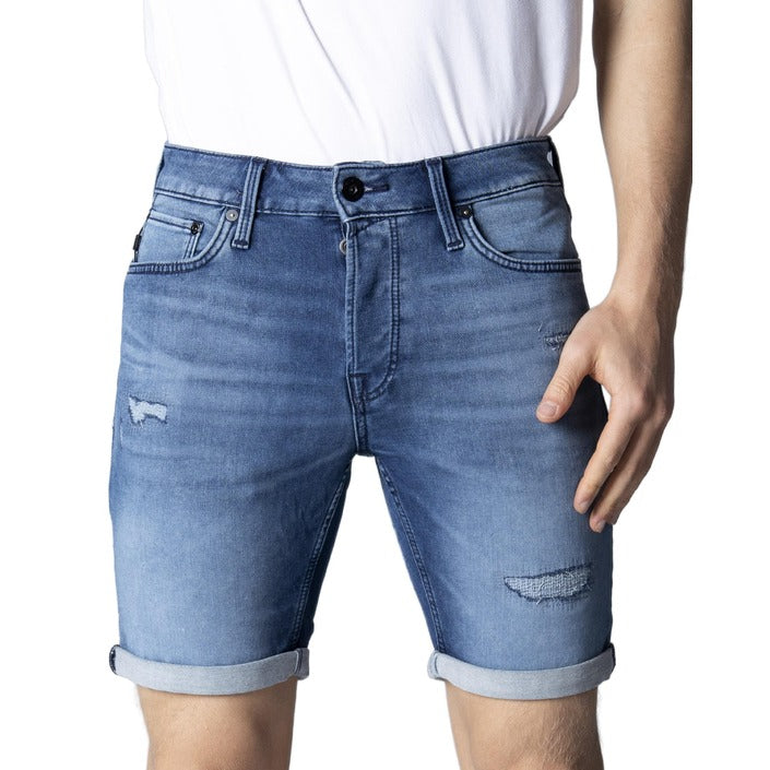 Jack & Jones Logo Medium Wash Distressed Denim Shorts