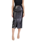 Ichi Black Midi Skirt Front Slit Leather-Look