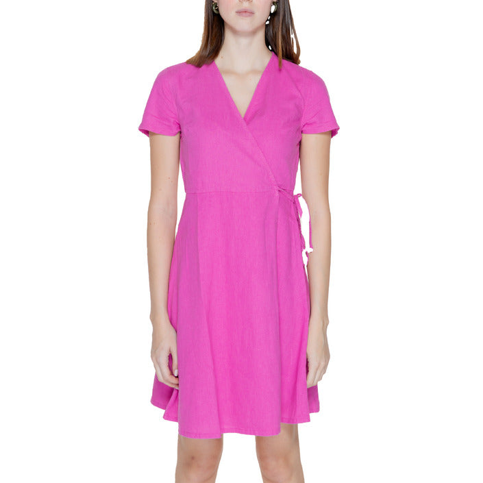 Only Fuchsia Hot Pink Linen-Blend Mini Wrap Dress