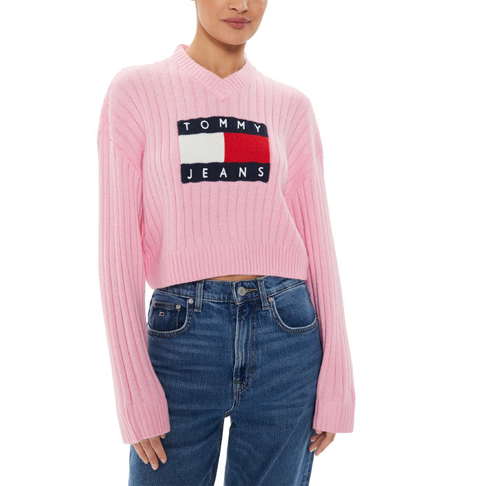 Tommy Hilfiger Logo V-Neck Loose-Fit Cropped Sweater - pink