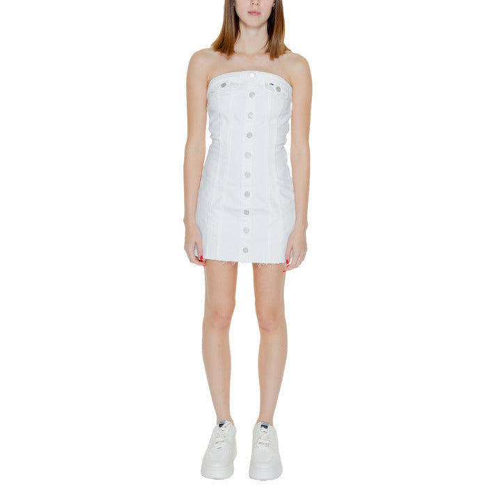 Tommy Hilfiger Jeans Strapless White Denim Raw Hem Mini Dress