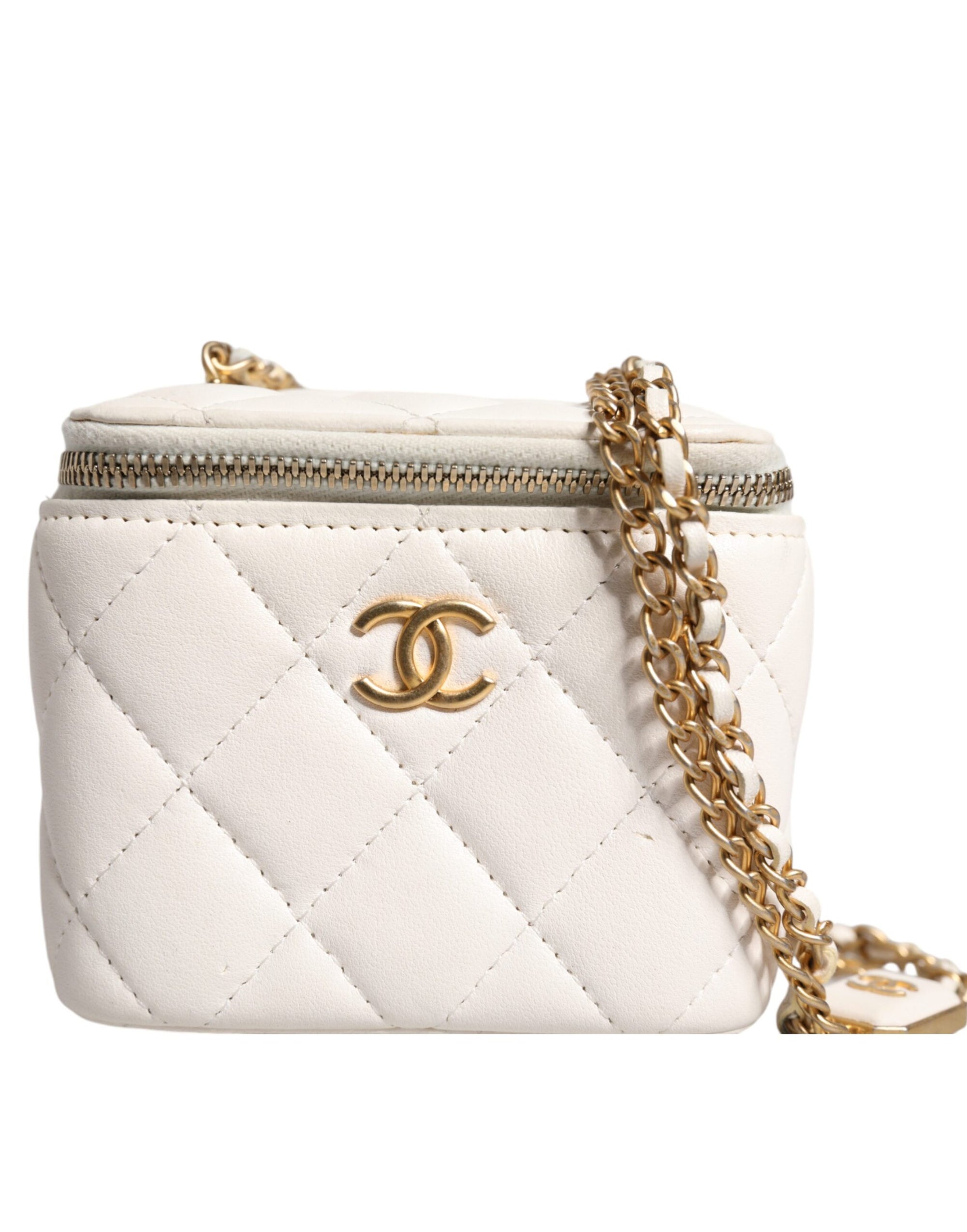 Chanel White Matelasse Lambskin Gold Chain Shoulder Vanity Bag