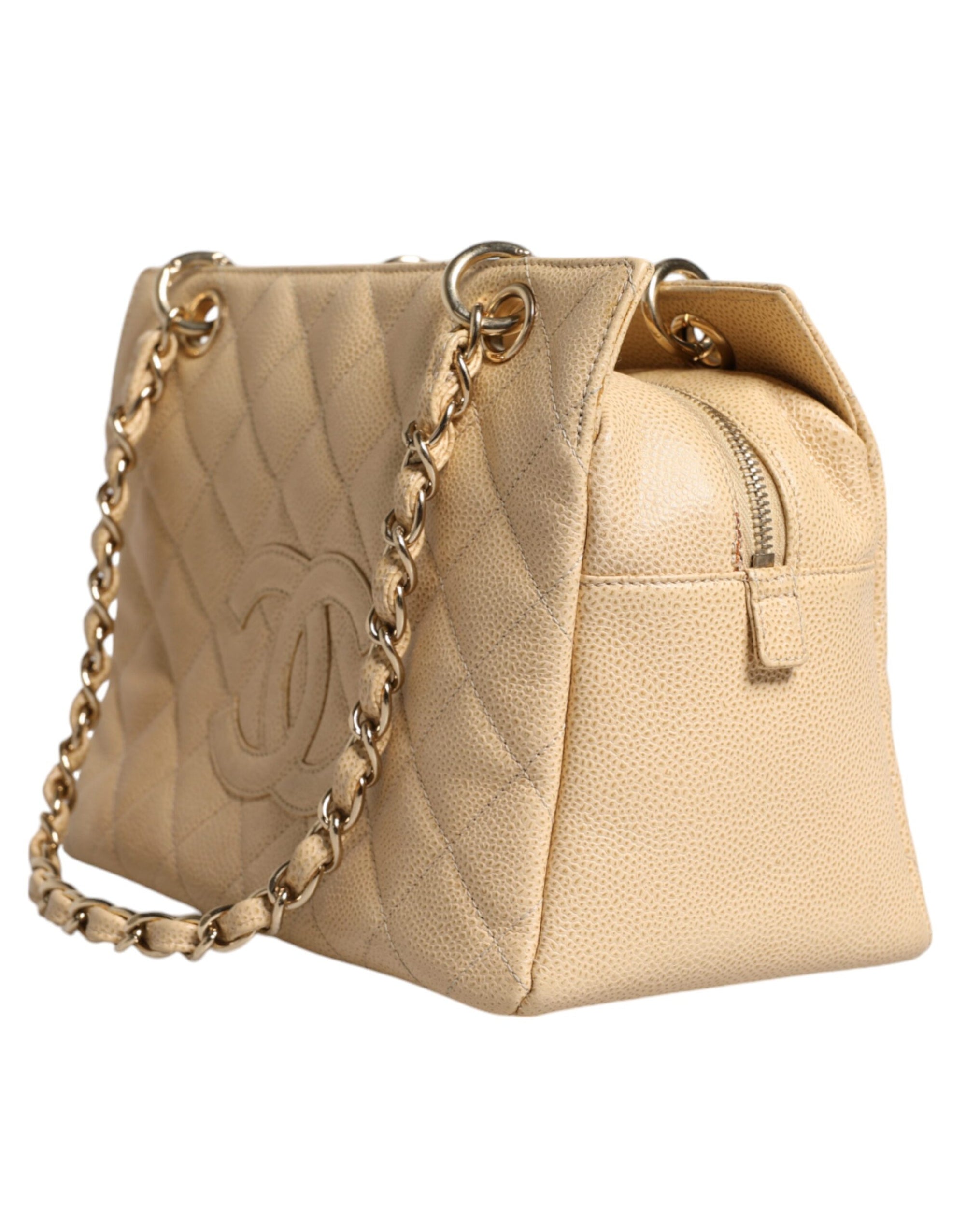 Chanel Beige Caviar De Coco Leather Handbag With Chain Strap
