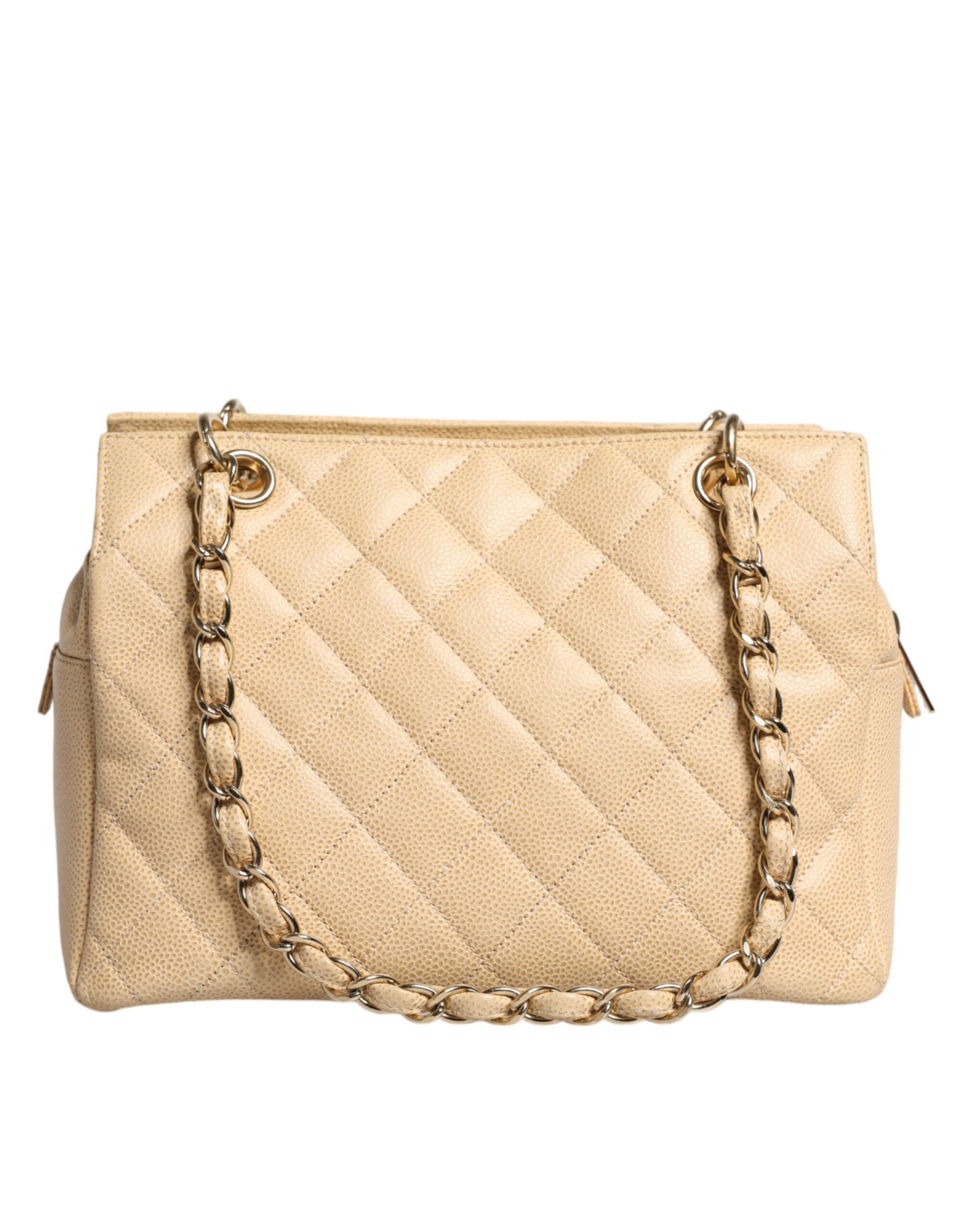 Chanel Beige Caviar De Coco Leather Handbag With Chain Strap