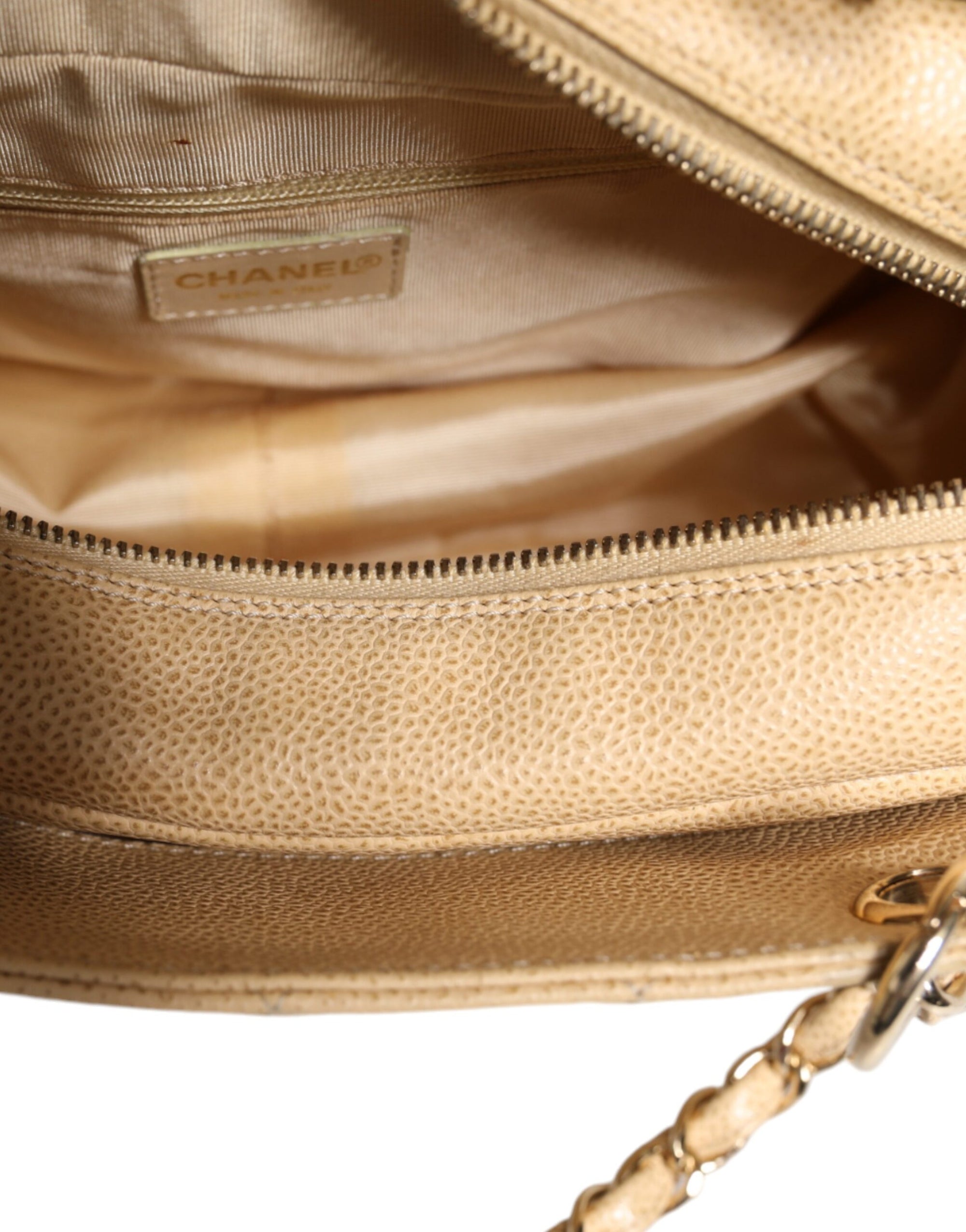 Chanel Beige Caviar De Coco Leather Handbag With Chain Strap